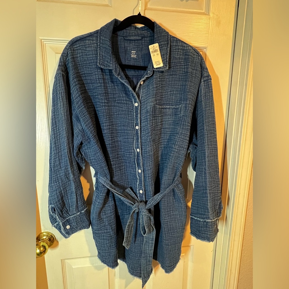 aerie Blue Button-Up Belted Jumpsuit Romper